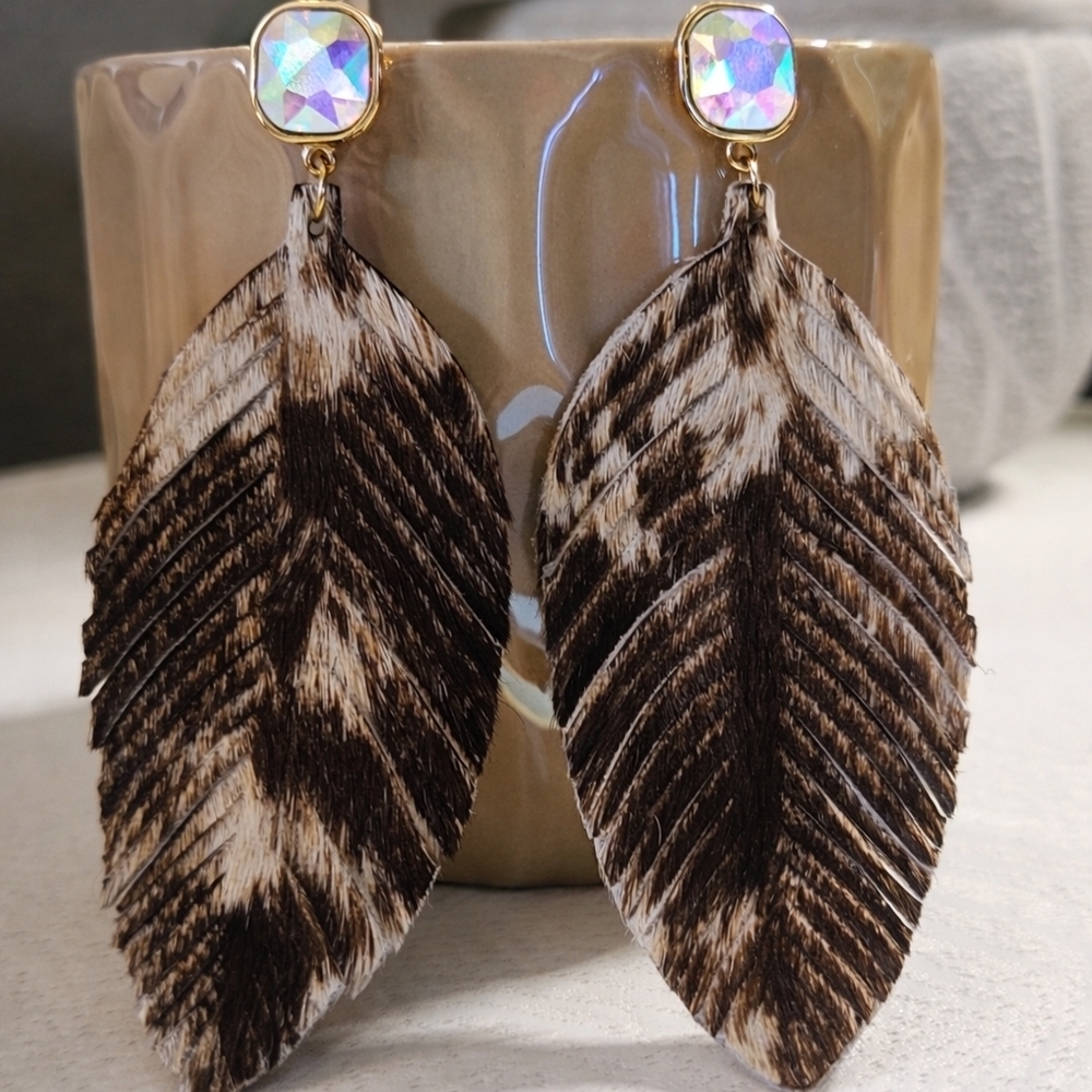 Feather Earrings with Iridescent Crystal Charm
